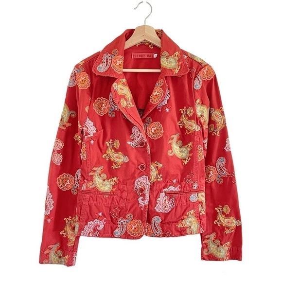 Johnny Was Paisley Floral Embroidered Twill Cotton Jacket Red Orange Medium - Picture 1 of 14